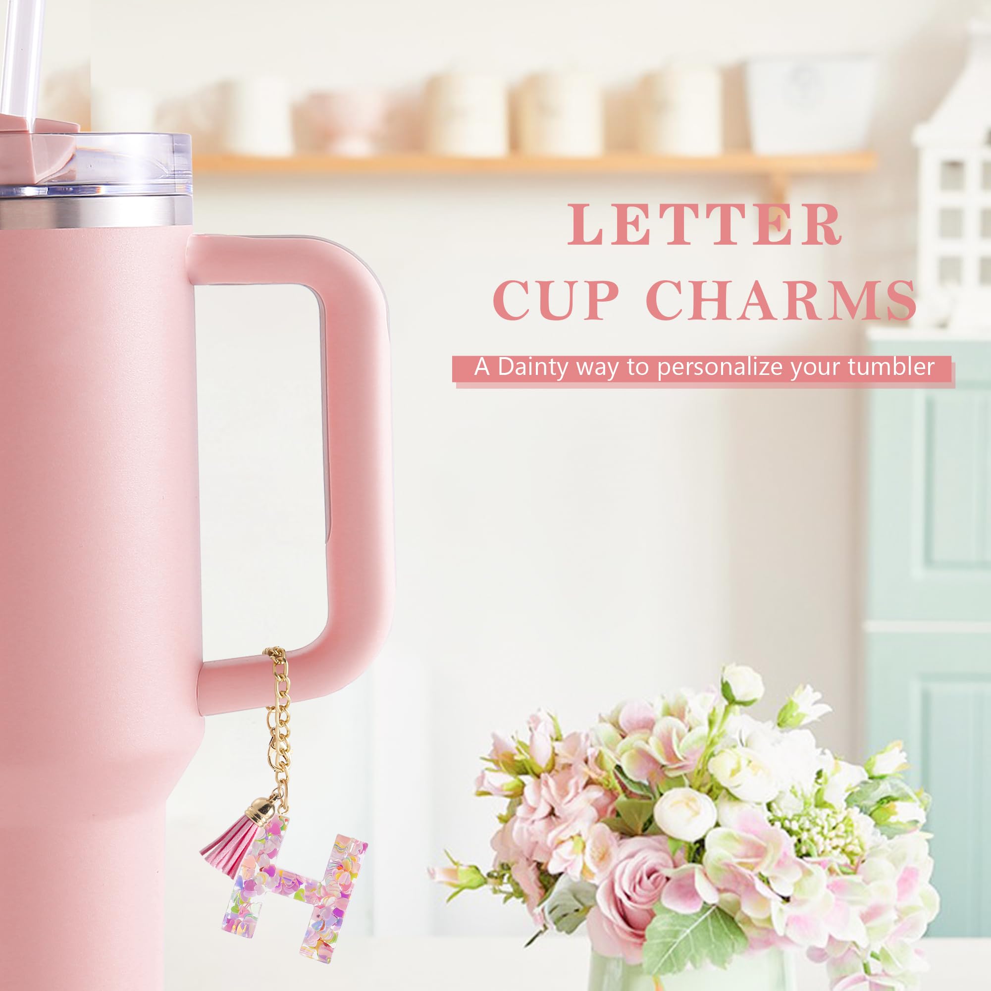 Letter Charm Accessories for Stanley Cup 1 PCS Cute Initial Keychain Handle Charm for Stanley Tumbler for Women Pink Letter H