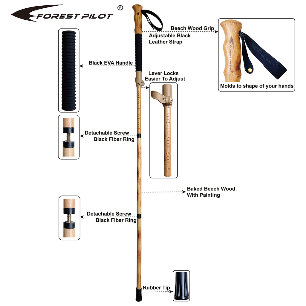 Forest Pilot Trekking Poles- 1-Pc Pack - Adjustable Hiking Or Walking Stick -Strong, Natural Beech Wood - Quick Adjust Flip-Lock