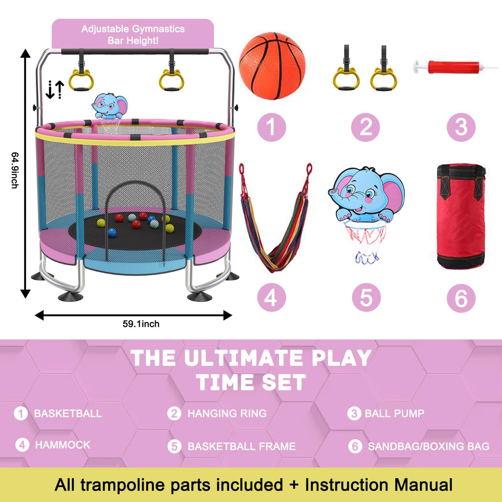 Trampoline for Kids, 60 Toddler Trampoline Indoor Outdoor, 440lbs KidsTrampoline with Enclosure Net, Upgraded Ring Legs with Adj