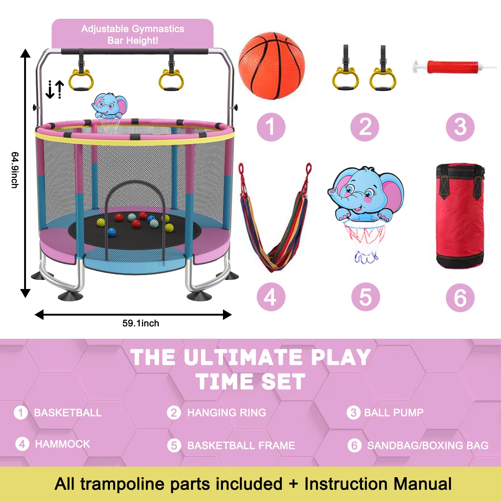 Trampoline for Kids, 60 Toddler Trampoline Indoor Outdoor, 440lbs KidsTrampoline with Enclosure Net, Upgraded Ring Legs with Adj