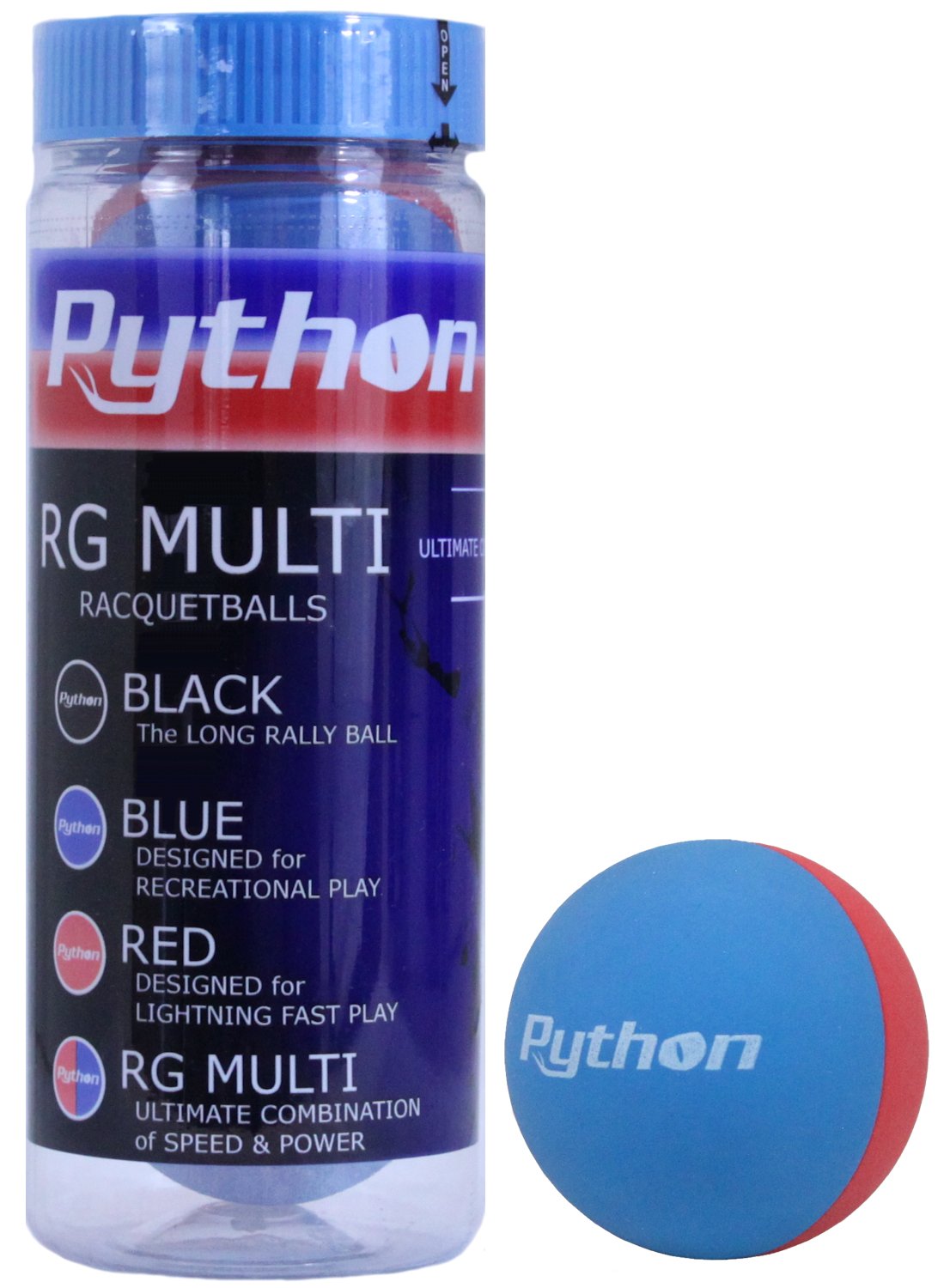 Python 3 Ball Can Rg Multi Colored Racquetballs (Endorsed By Racquetball Legend Ruben Gonzalez!) (2-Cans/Packs, 6-Balls)