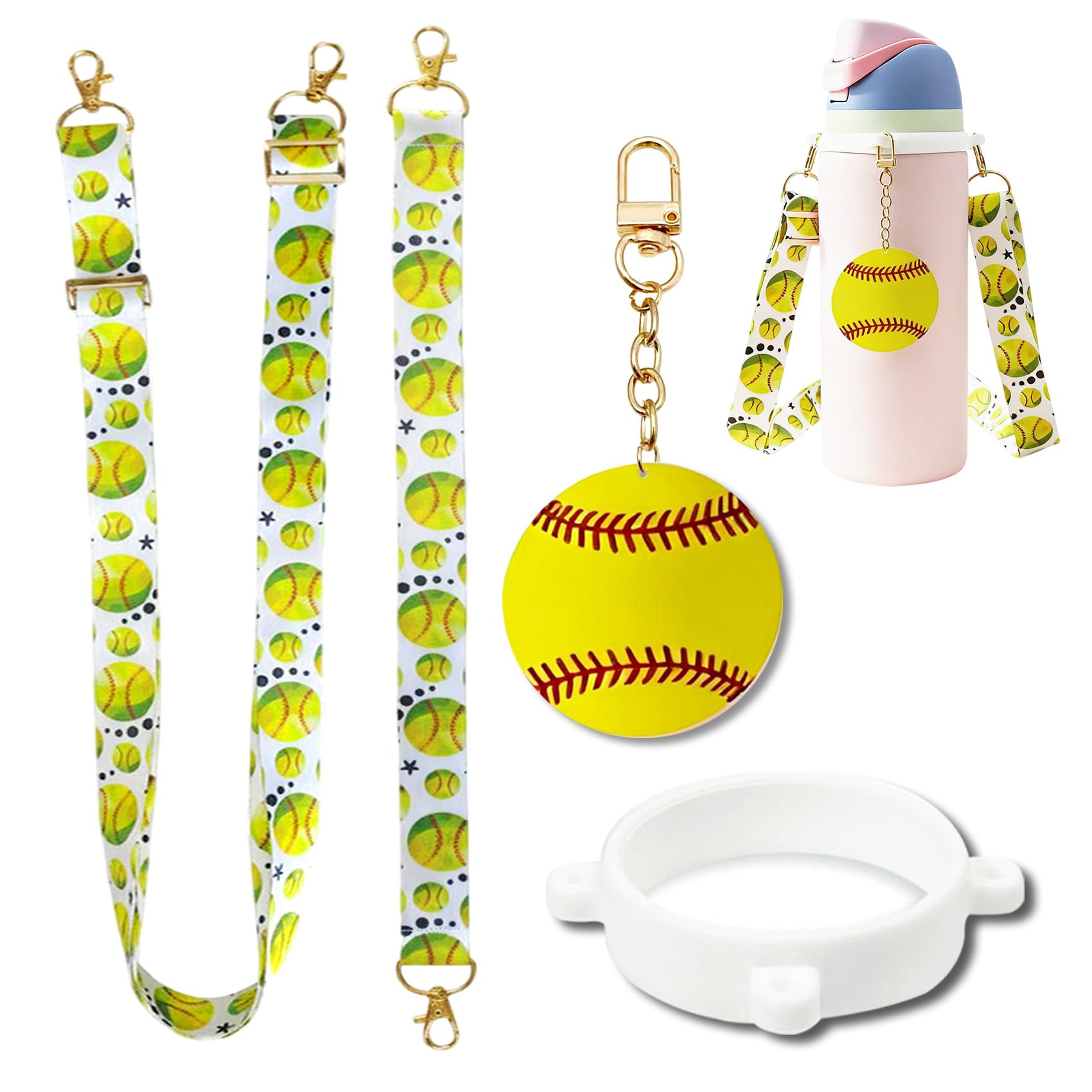 Softball Accessories Set Compatible for Owala Water Bottle 24 oz, 32 oz, 40 oz, Tumbler, FreeSip - Includes Shoulder Strap, Hand