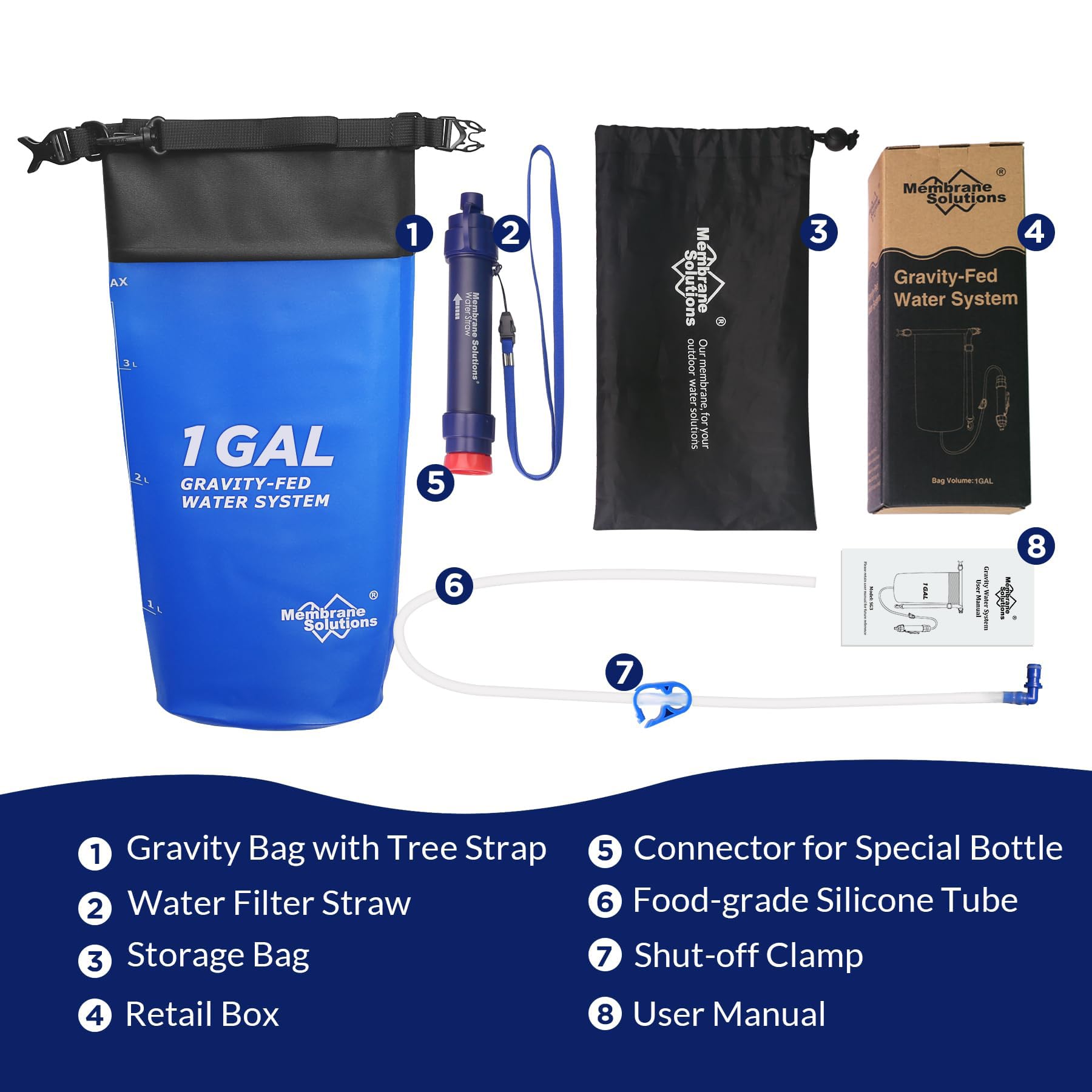 Membrane Solutions Gravity Water Filter 1 Gallon, Nsf/Ansi 42&372&401 Certified, 0.1M Versatile Water Purifier Camping With Adju