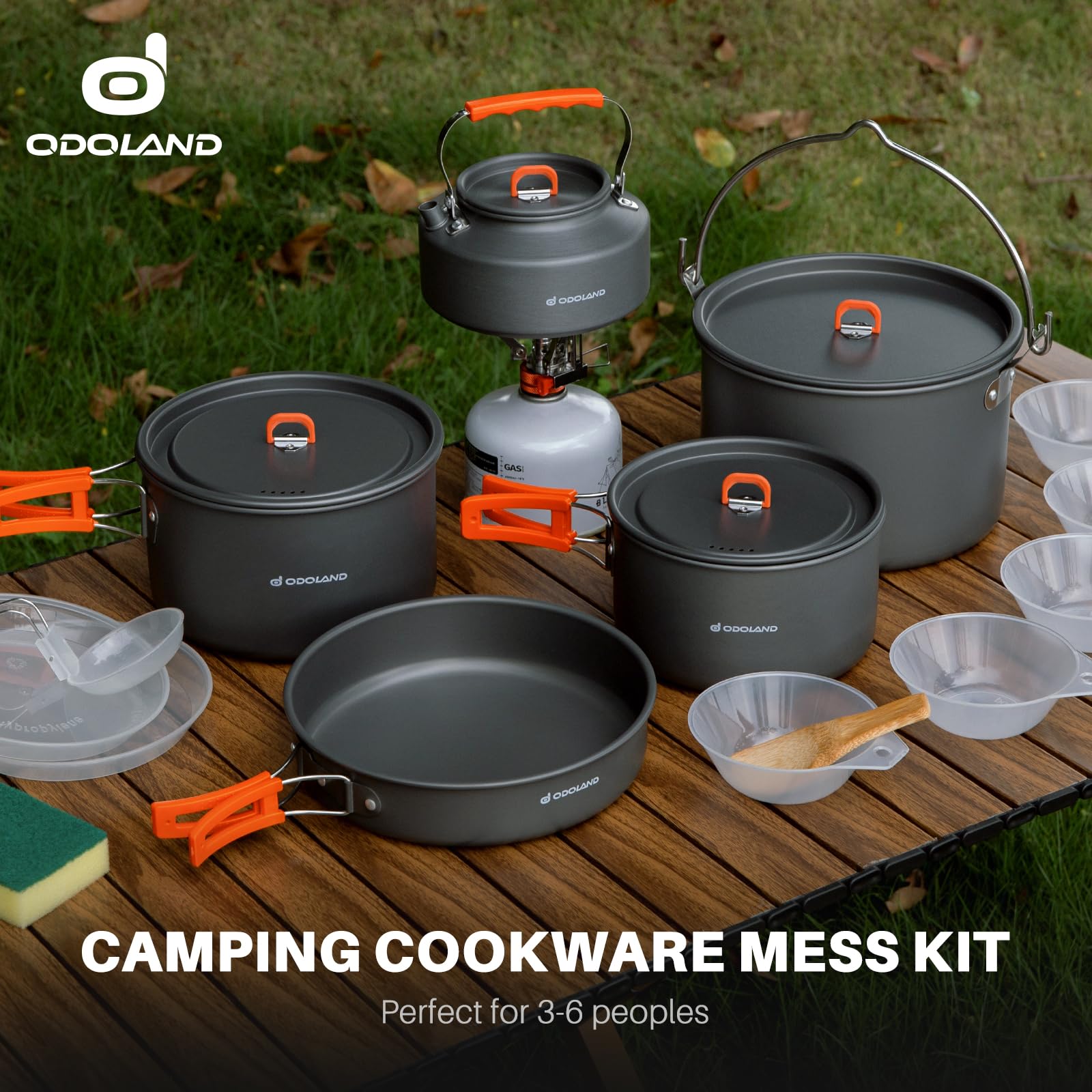 Odoland 18Pcs Camping Cookware Large Size Hanging Pot Pan Kettle Set With Plastic Plates Bowls Soup Spoon For Camping, Backpacki