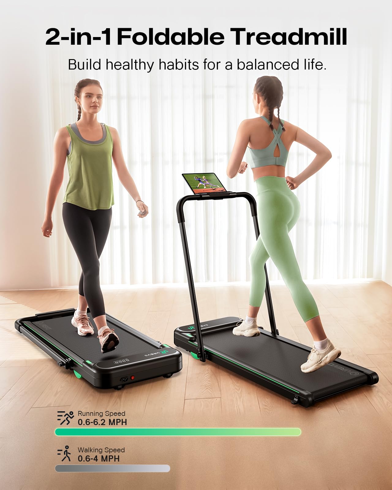 UREVO Strol 2E Smart 2-in-1 Folding Treadmill, Compact Walking Pad with Safety Handle, Plug and Play, Dual LED Display, Workout