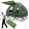 Tangkula 5-in-1 Tent Cot, 2 Person Camping Tent Combo with Awning, Air Mattress, Sleeping Bag, Air Pillow, Camping Cot, Elevated