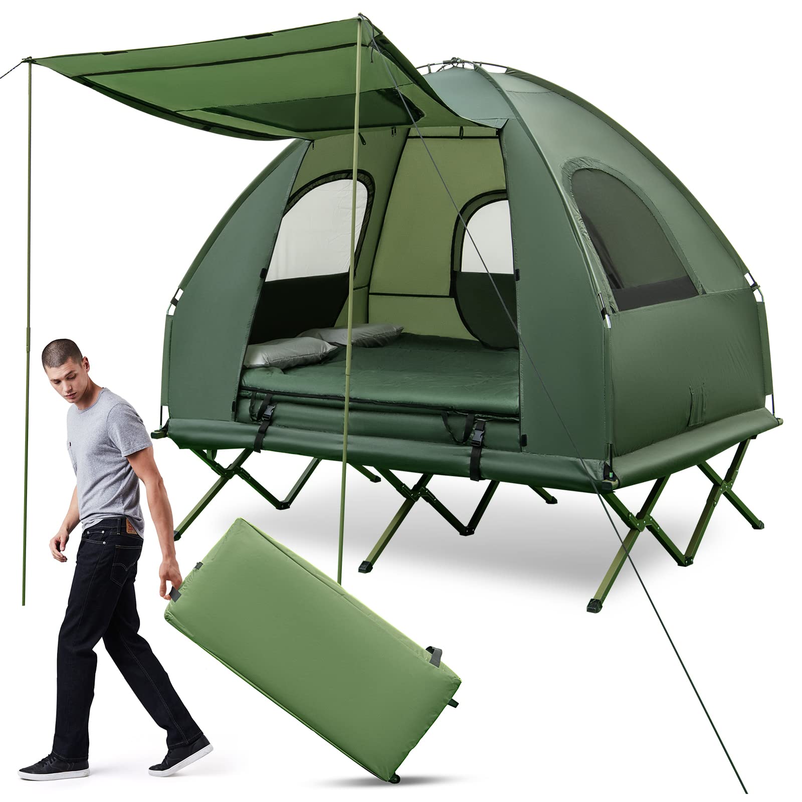 Tangkula 5-in-1 Tent Cot, 2 Person Camping Tent Combo with Awning, Air Mattress, Sleeping Bag, Air Pillow, Camping Cot, Elevated