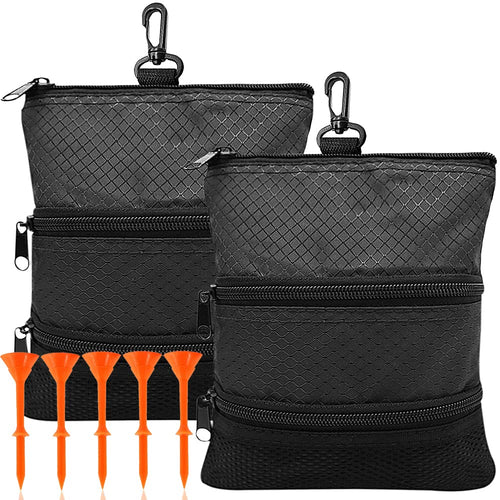 Amy Sport Golf Bag Accessories Valuables Pouch Bags Multi Pocket Zipper Hook with 10 Pcs Wood Golf Tees for Men Women (Pure Blac