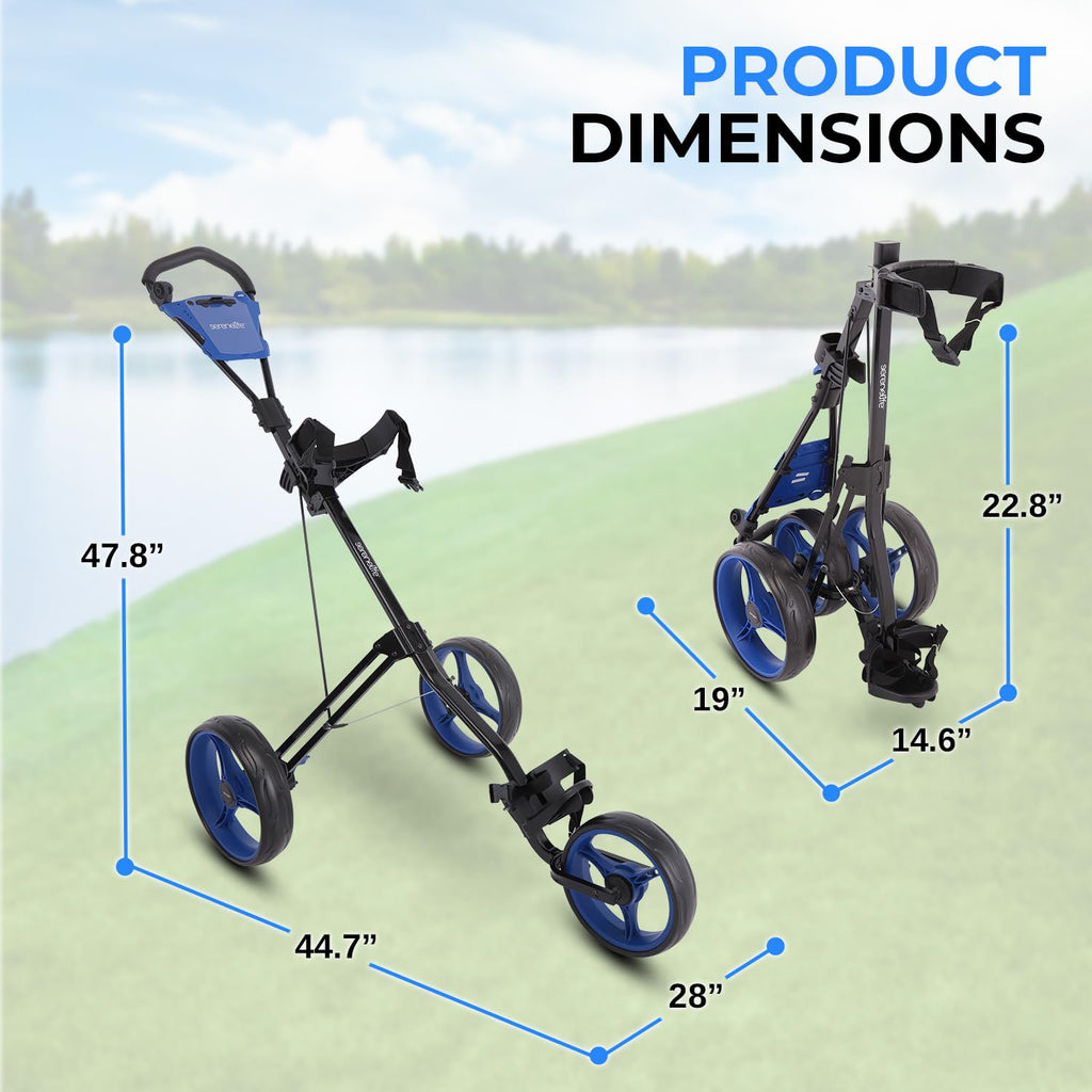 Serenelife 3-Wheel Golf Push Cart - Lightweight Folding Walking Roller Trolley Bag Storage, Upper & Lower Bracket W/Elastic Stra