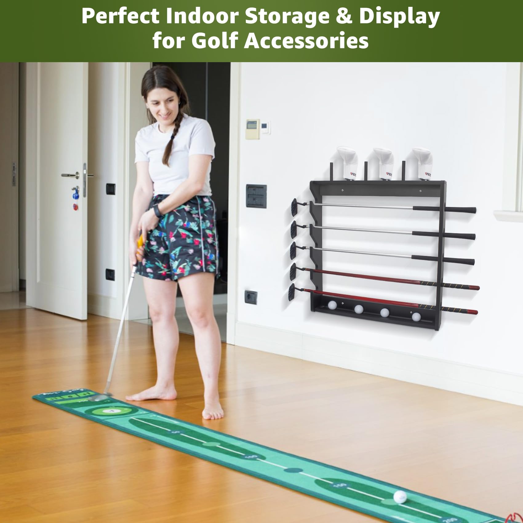 Golf Club Holder Rack - Indoor Wooden 5 Golfs Putter Storage Wall Mount Stand, Organizer For Sticks Clubs/Putter/Golf Balls/Head