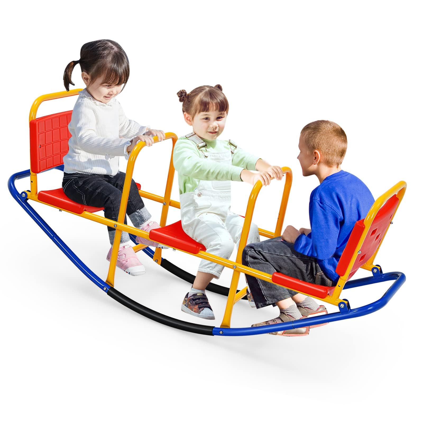 Costzon Teeter Totter Seesaw for Kids Outdoor, 2 in 1 Metal Rocking Seesaw for Toddlers with Easy-Grip Handles, Indoor Outdoor R