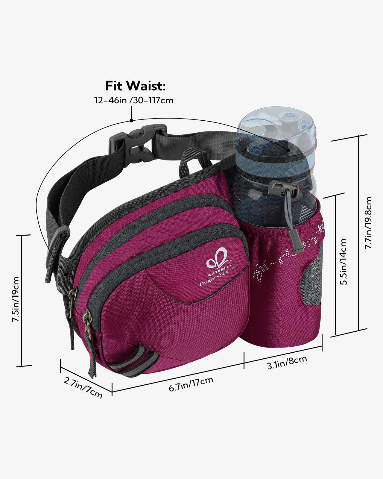 Waterfly Hiking Waist Bag Fanny Pack With Water Bottle Holder For Men Women Running & Dog Walking Fit All Phones (Bottle Not Inc