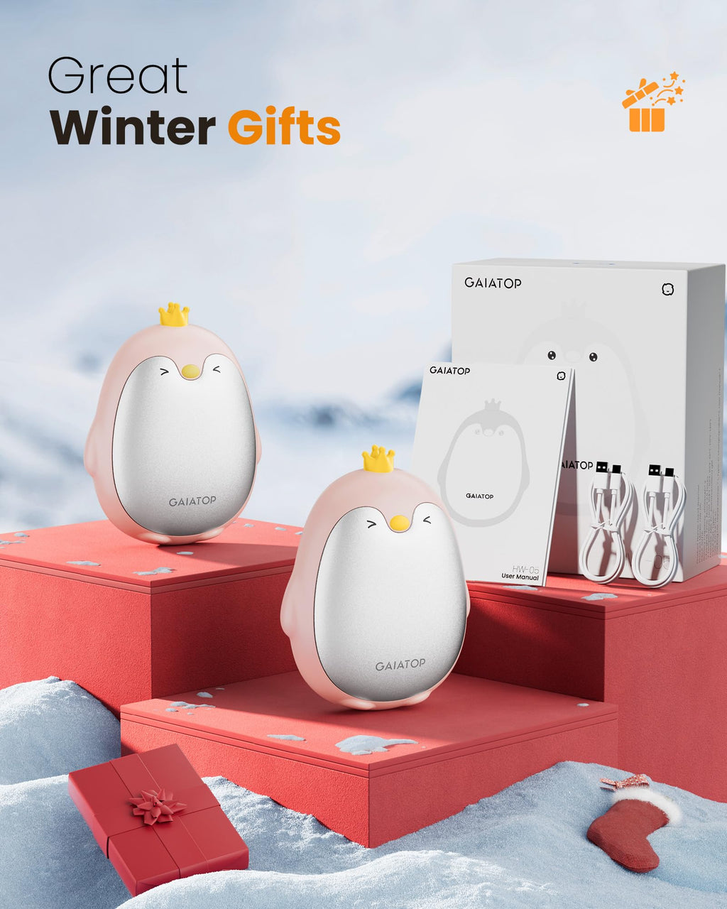 Gaiatop Magnetic Hand Warmers Rechargeable 2 Pack, 3 Settings Pocket-Sized Cute Penguin, Fast Hot Hands Reusable Portable Electr