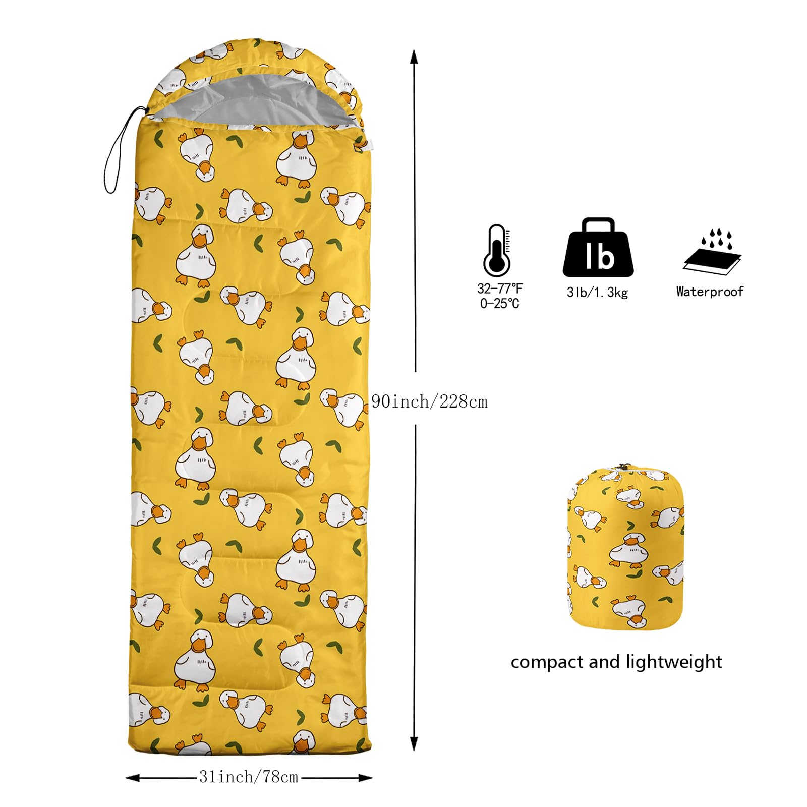 Axolotl Cute Duck Sleeping Bag With Green Leaves For Kids Adults-Lightweight Warm Cold Weather Cartoon Farmhouse Duck Sleeping B