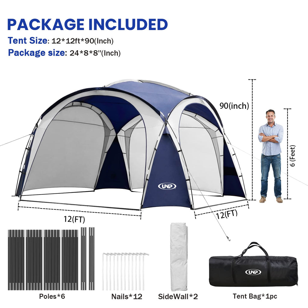 Unp Easy Beach Tent 12 X 12Ft Pop Up Canopy Upf50+ Tent With Side Wall, Ground Pegs, And Stability Poles, Sun Shelter Rainproof,