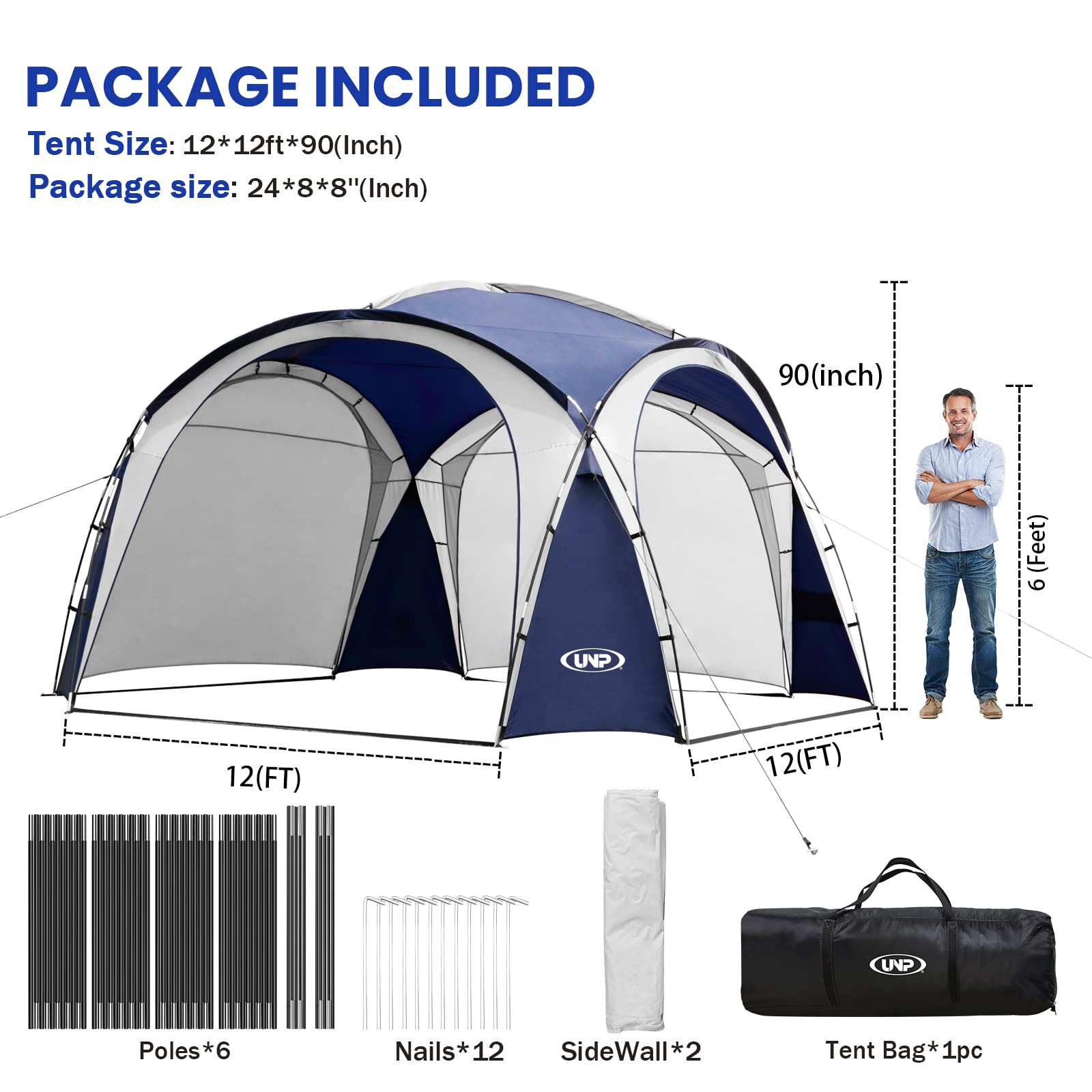 Unp Easy Beach Tent 12 X 12Ft Pop Up Canopy Upf50+ Tent With Side Wall, Ground Pegs, And Stability Poles, Sun Shelter Rainproof,