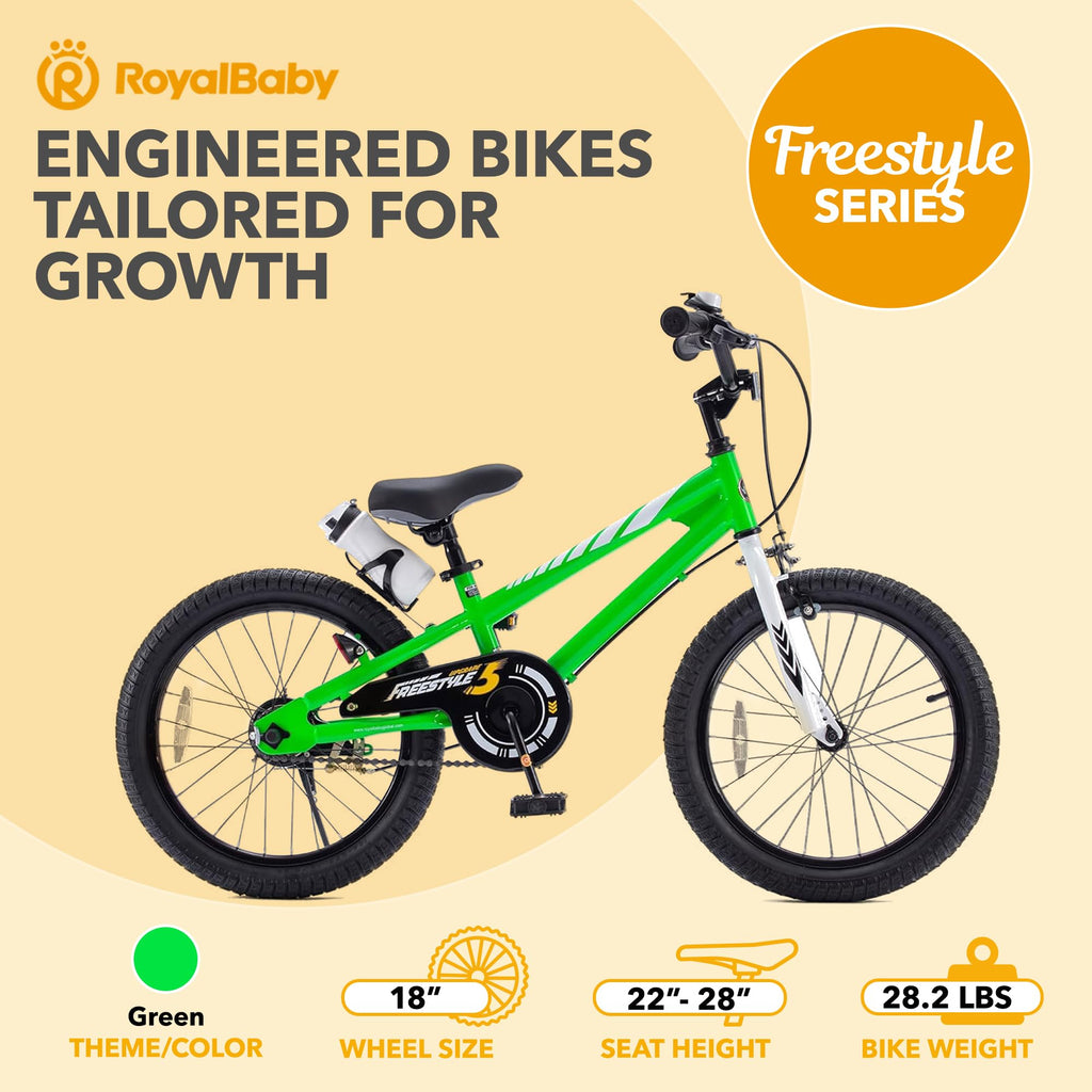 Royalbaby Freestyle Outdoor Childrens Bicycle Dual Handbrakes Sporty Kid Bike with Kickstand and Adjustable Seat, 18 Inch, Gree