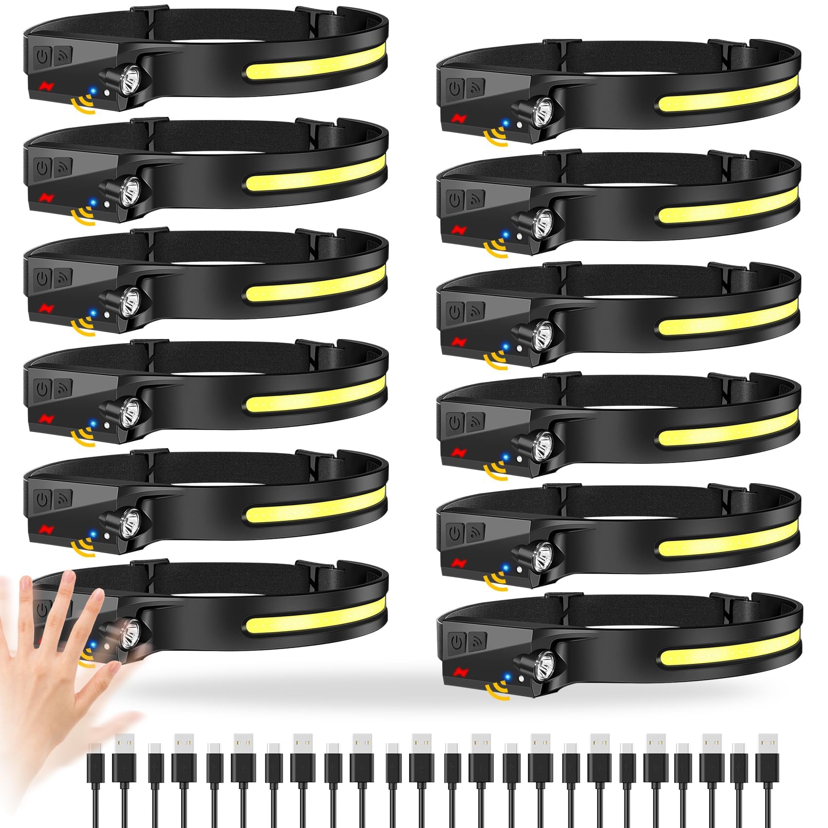 12pack Headlamp Rechargeable, 1000 Lumen Headlamps for Adults, 230 Angles Wide Beam Headlamp & Spotlight, Motion Sensor, 6 Modes