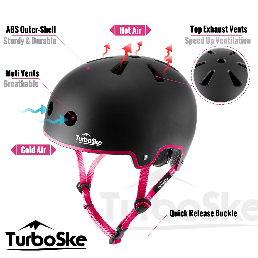 Turboske Skateboard Helmet, Bmx Helmet, Multi-Sport Helmet, Bike Helmet For Kids, Youth, Men, Women (Black&Pink, L/Xl (22.8''-24