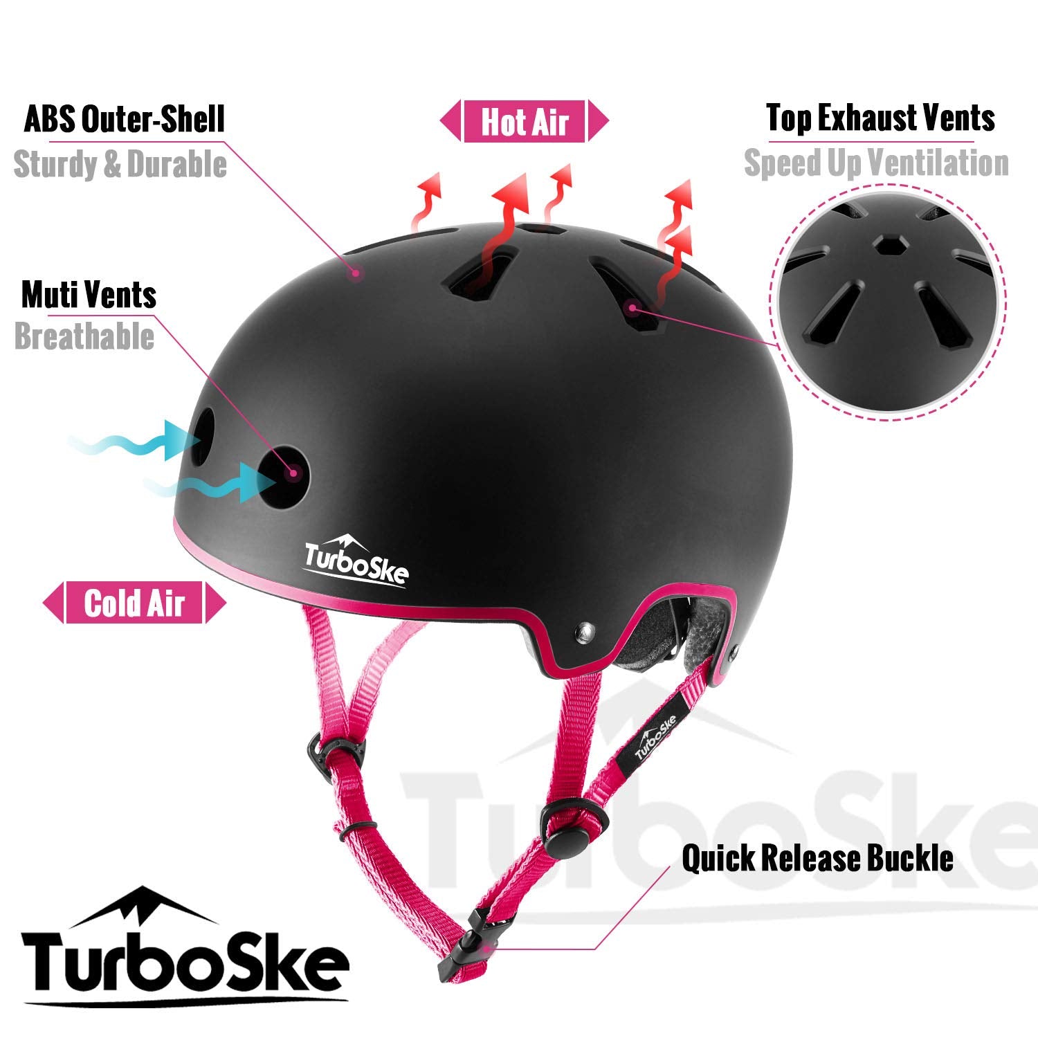 Turboske Skateboard Helmet, Bmx Helmet, Multi-Sport Helmet, Bike Helmet For Kids, Youth, Men, Women (Black&Pink, L/Xl (22.8''-24