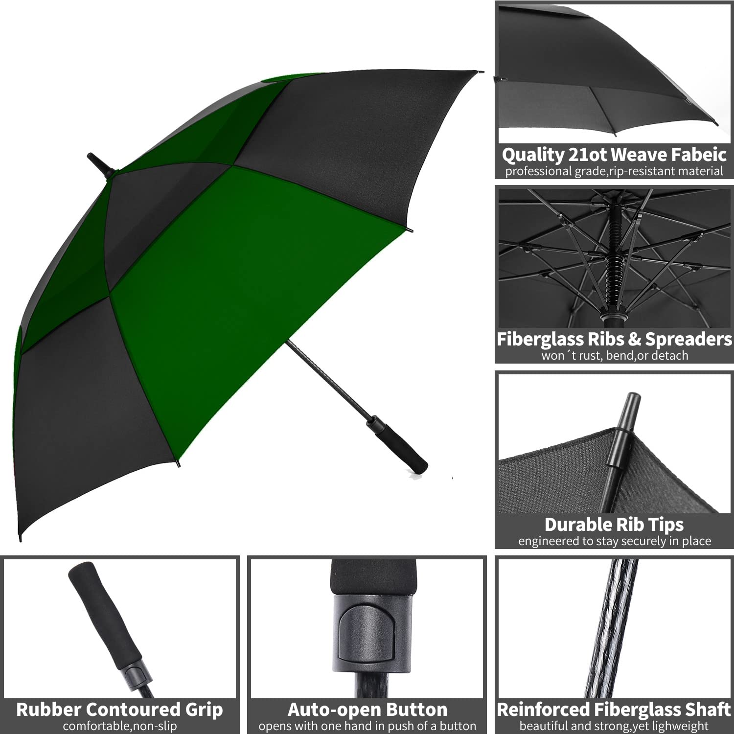Mrtlloa 68 Inch Automatic Open Green/Black Golf Umbrella, Extra Large Oversize Double Canopy Vented Windproof Waterproof Stick U