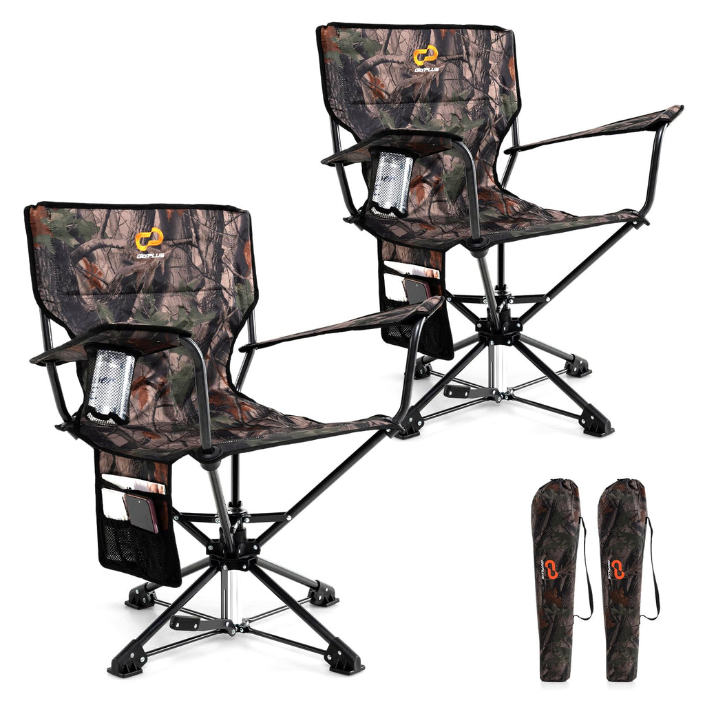 Goplus Swivel Camping Chair, 2 Pack Portable Hunting Chair For Adults W/Cup Holder & Carrying Bag, Folding 360-Degree Free Rotat