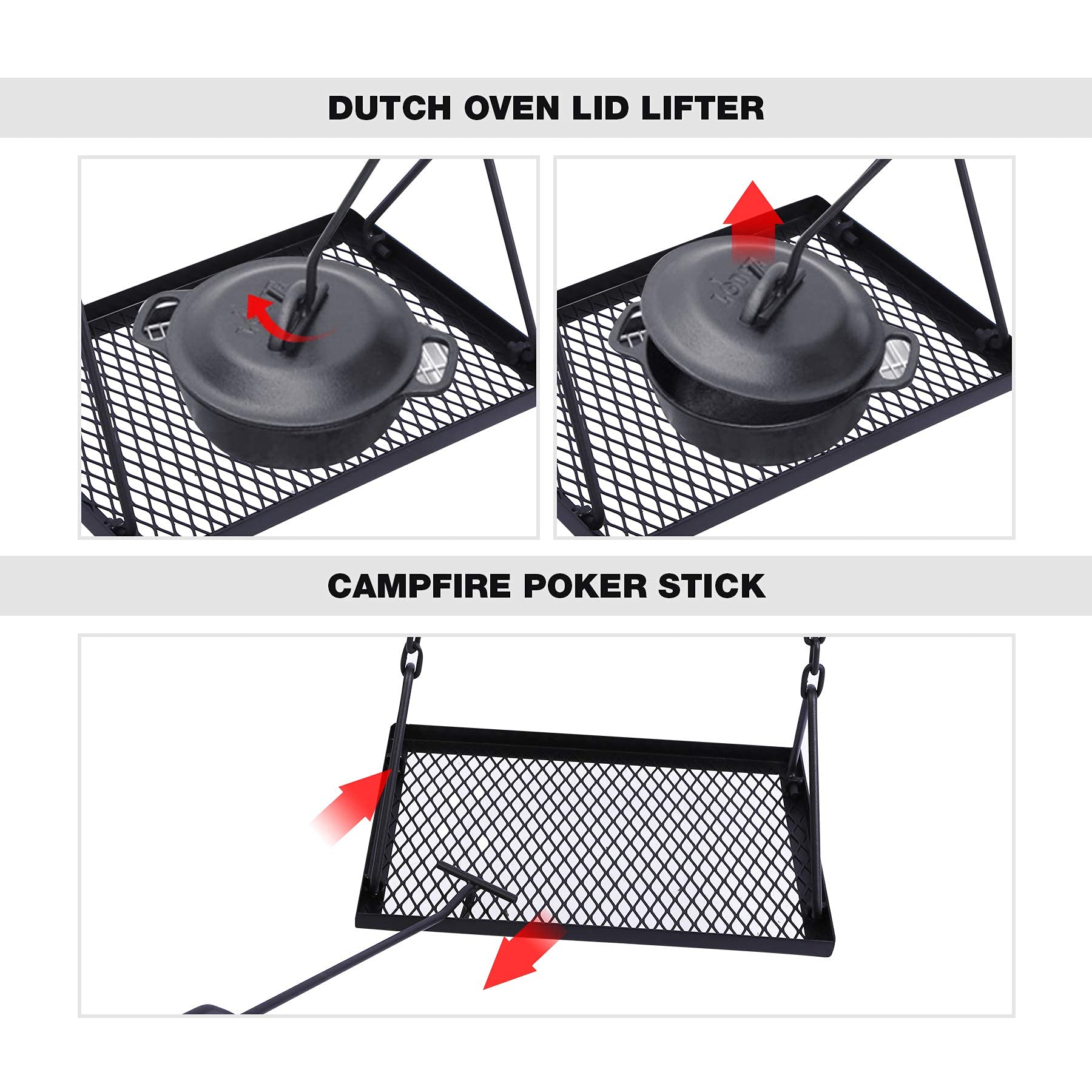 Redcamp Campfire Swing Grill Stand, Portable Hanging Cooking Grill Rack With Dutch Oven Lid Lifter & Hooks For Outdoor Bbq Picni