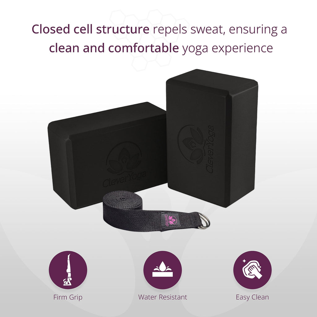 Clever Yoga Blocks 2 Pack With Strap - Extra Light Weight Sweat Repelling Foam Yoga Block Set With Cotton 8Ft Yoga Stretch Strap