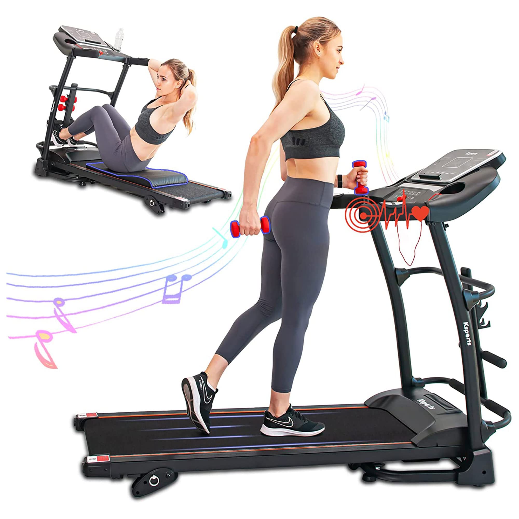Ksports Foldable 16 Inch Portable Wide Fitness Treadmill With Bluetooth Connectivity, Lcd Progress Display, And Tracking Apps Fo