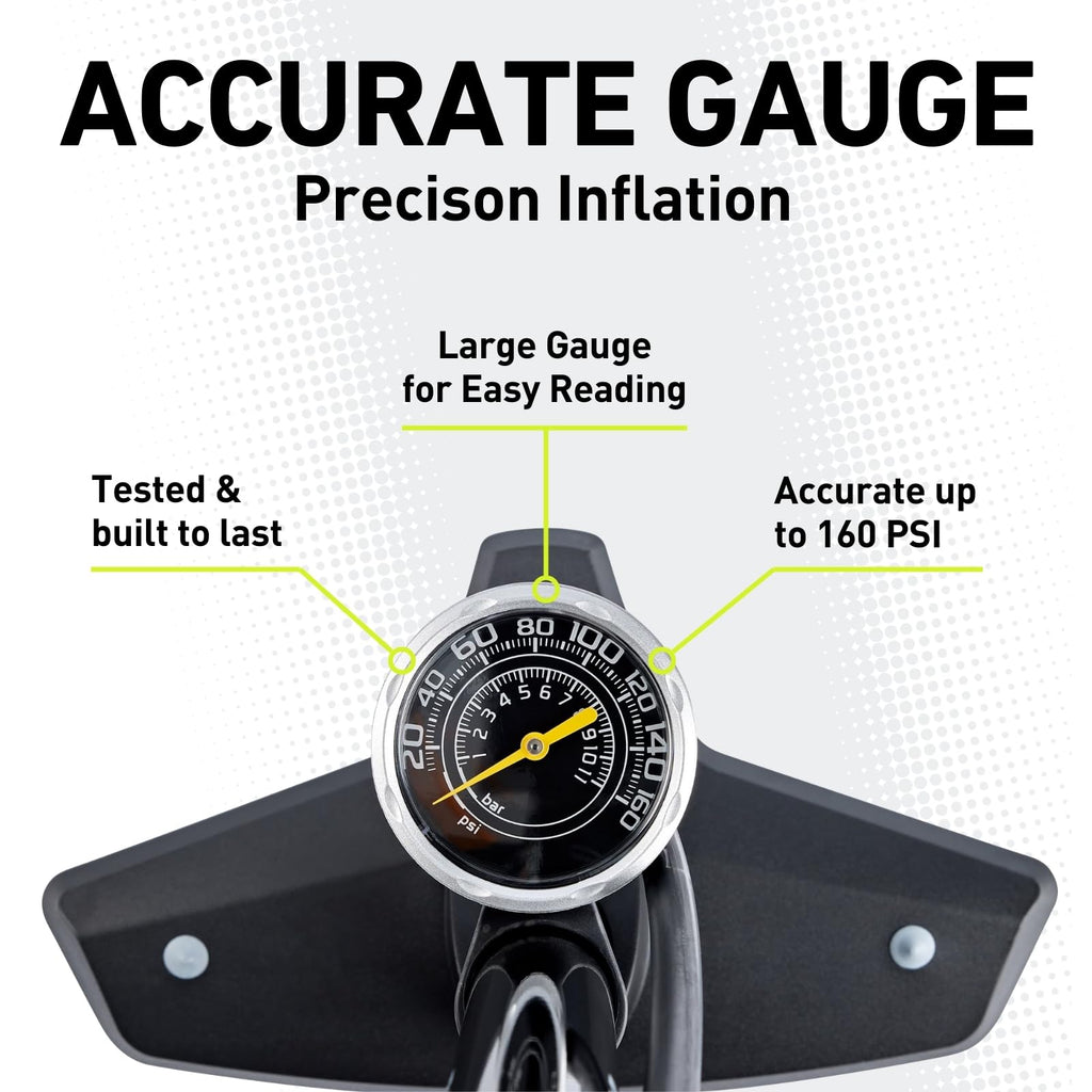Vibrelli Bike Floor Pump With Gauge & Puncture Kit - 160 Psi - Presta Valve Bike Pump Switches To Schrader - High Pressure Bicyc