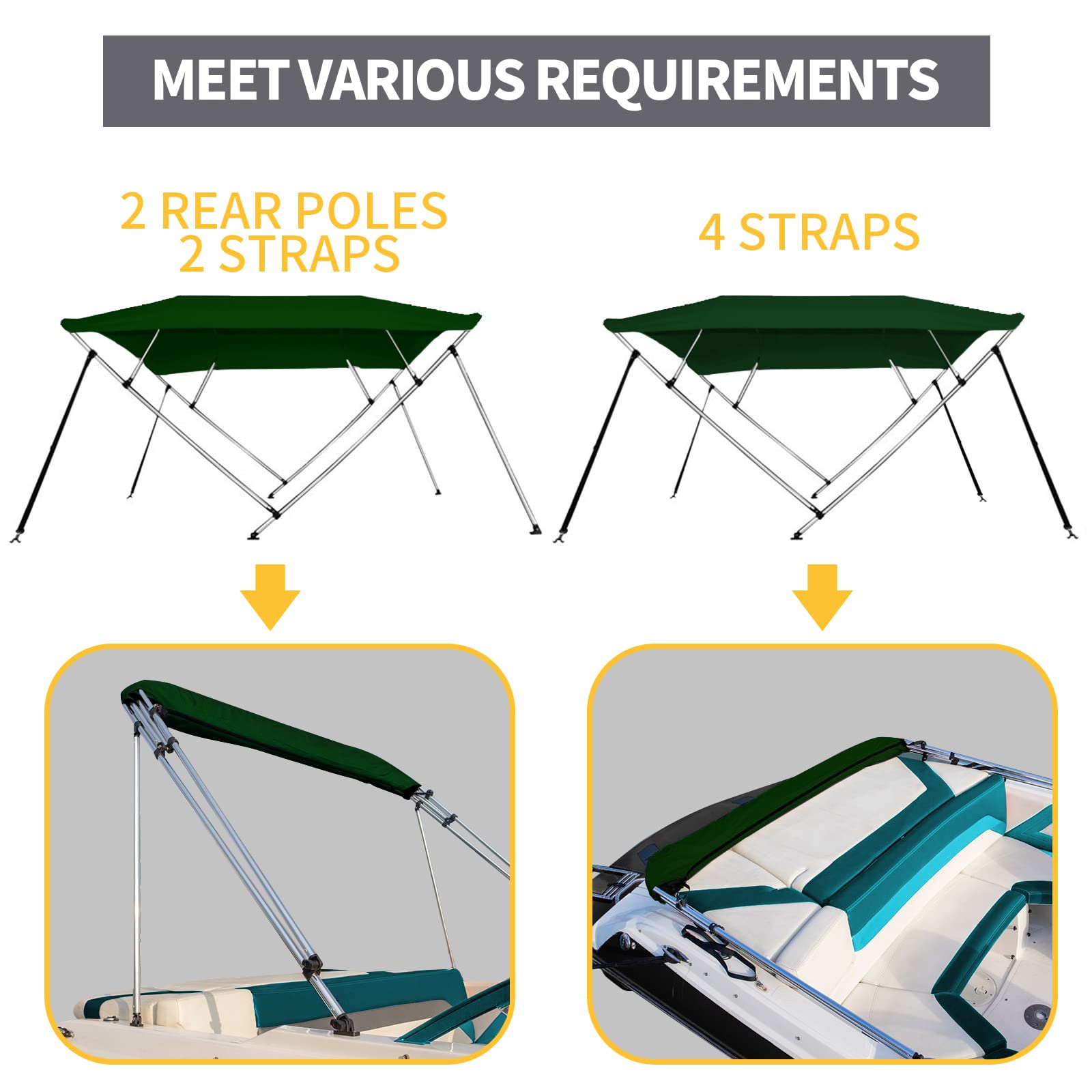 Seamander 4 Bow Marine Grade Polyester Boat Bimini Top, 600D Solution-Dyed Canvas, 4 Adjustable Nylon Straps, 2 Rear Support Pol