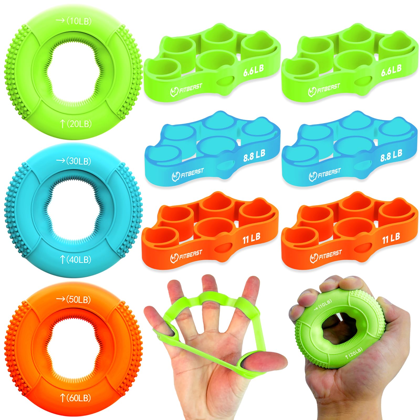 Fitbeast Hand Grip Strengthener, Finger Exerciser, Forearm Strengthener Kit - 9 Pack, Targeted Hand & Forearm Strength, Relief &