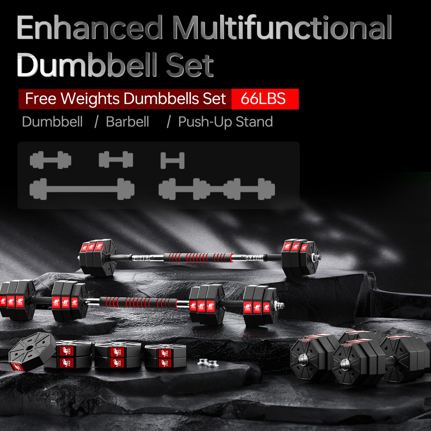 Leadnovo Dumbbells , 44Lbs 66Lbs 88Lbs 3 In 1 Adjustable Barbell, Home Fitness Weight Set Gym Workout Exercise Training With Con