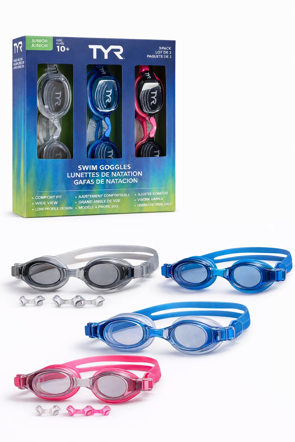 TYR Junior Swim Goggles 3-Pack (Ages 10+), CSTC JR Goggle Set Smoke/Multi LCWJGCA