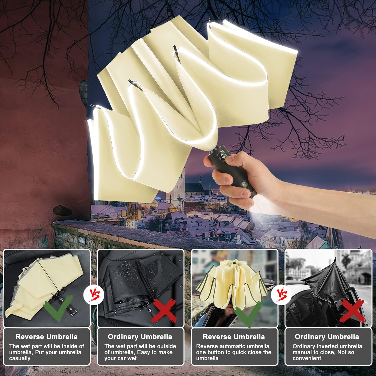 Lejorain Inside Out Umbrella Folding - Inverted Led Umbrella Automatic Open And Close - Women Rain Umbrella Reverse Folding