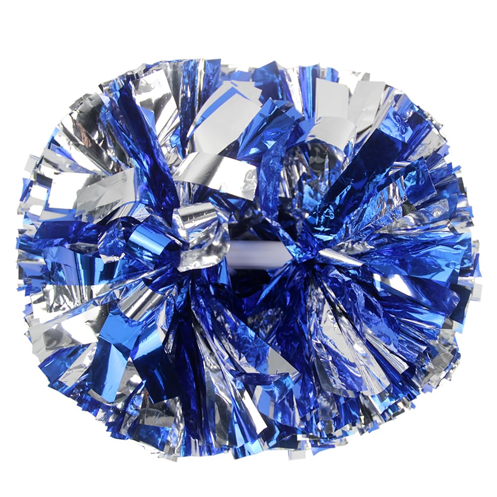 Lovecheer 2Pcs Pom Poms Cheerleading Blue And Silver Metallic Cheer Pom Poms With Baton Handle For Sports Team Spirit Party Chee