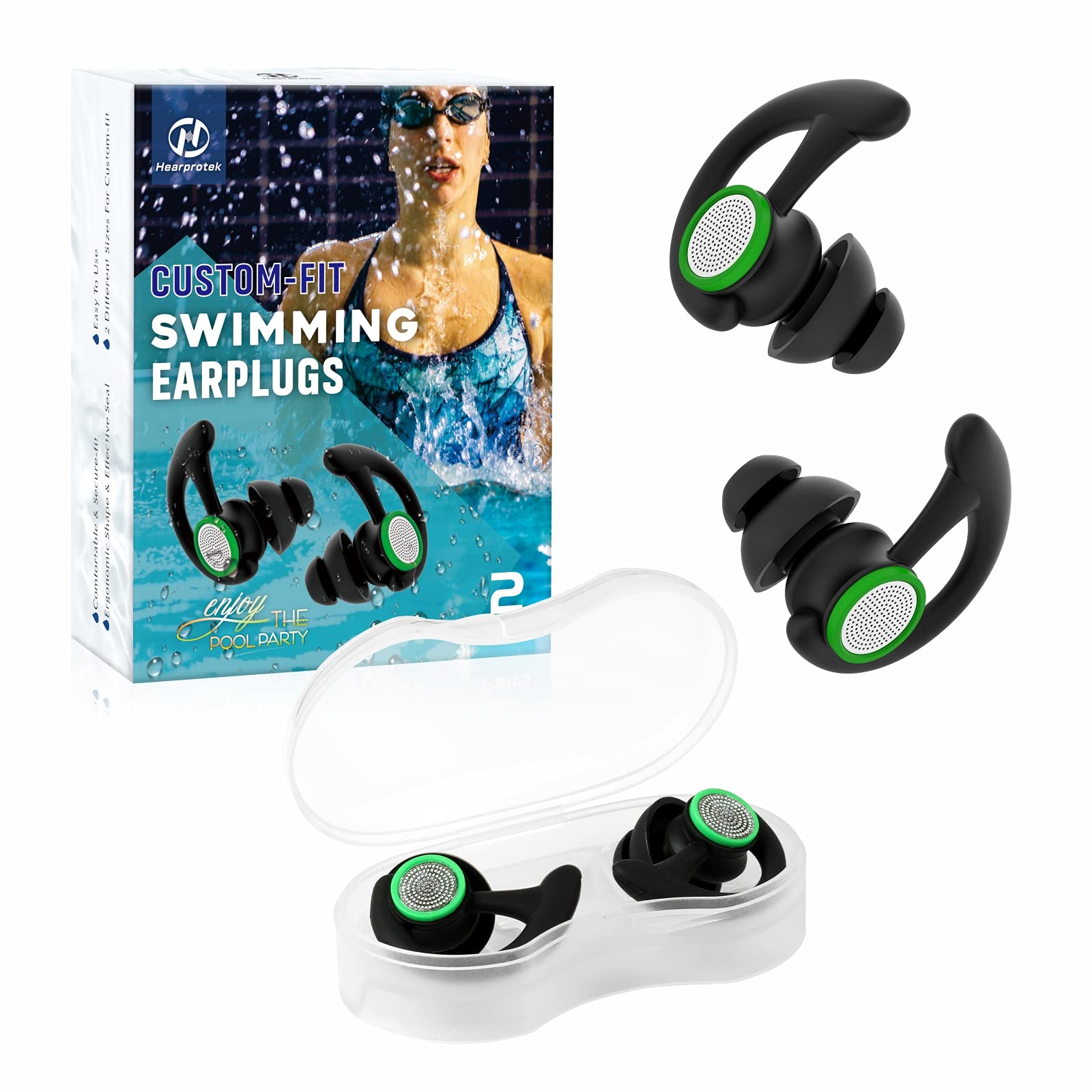 2 Pairs Ear Plugs For Swimming Adults, Hearprotek Reusable Custom-Fit Swim Water Ear Plugs Men Women For Swimmers Shower Pool Ba