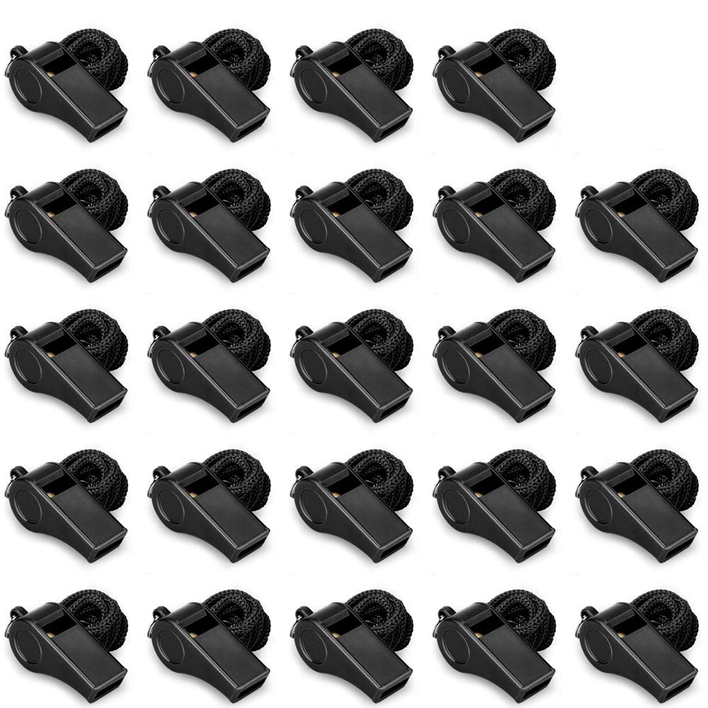 Hipat 24 Pack Black Whistle With Lanyard, Durable Thickened Plastic Whistle, Loud Crisp Sound Whistles Bluk For Coach, Referee, 