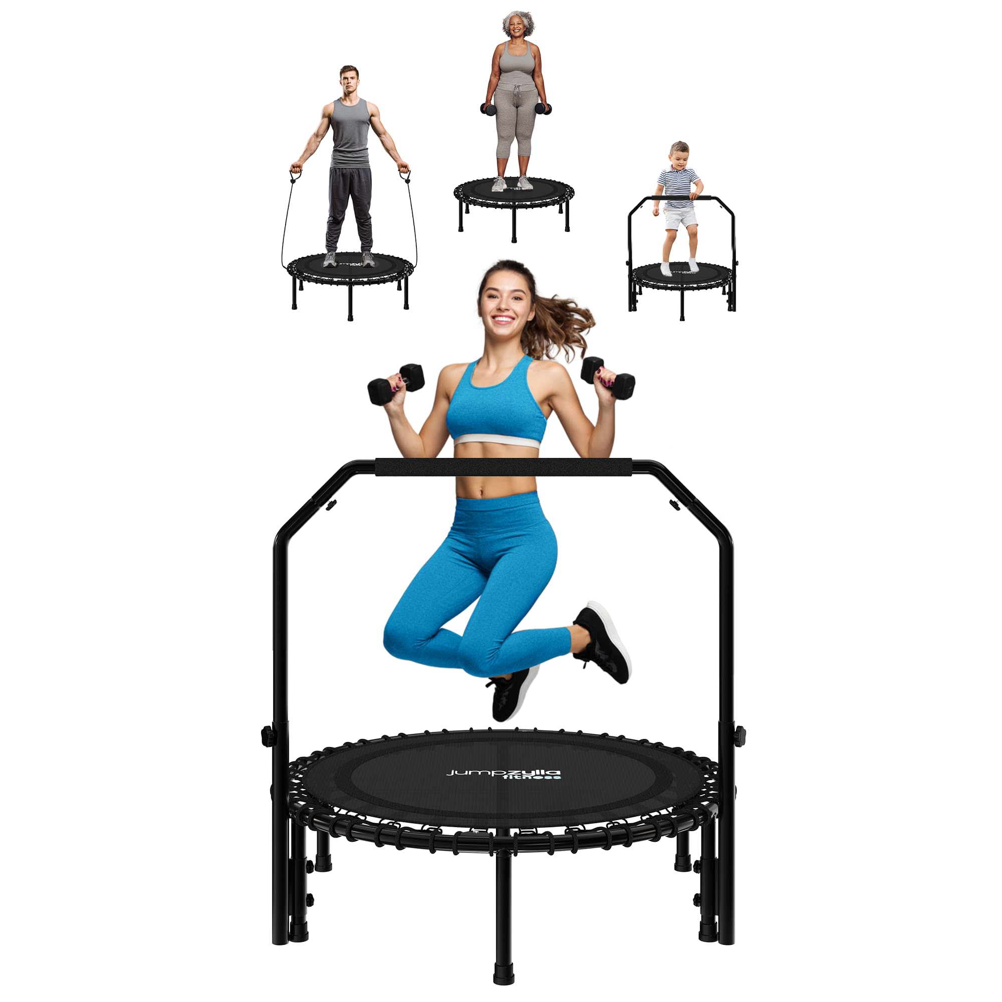 Jumpzylla Fitness Trampoline 40| Foldable Mini Rebounder Trampoline For Adults With Bar | Durable, Quiet, Low-Impact Exercise Eq
