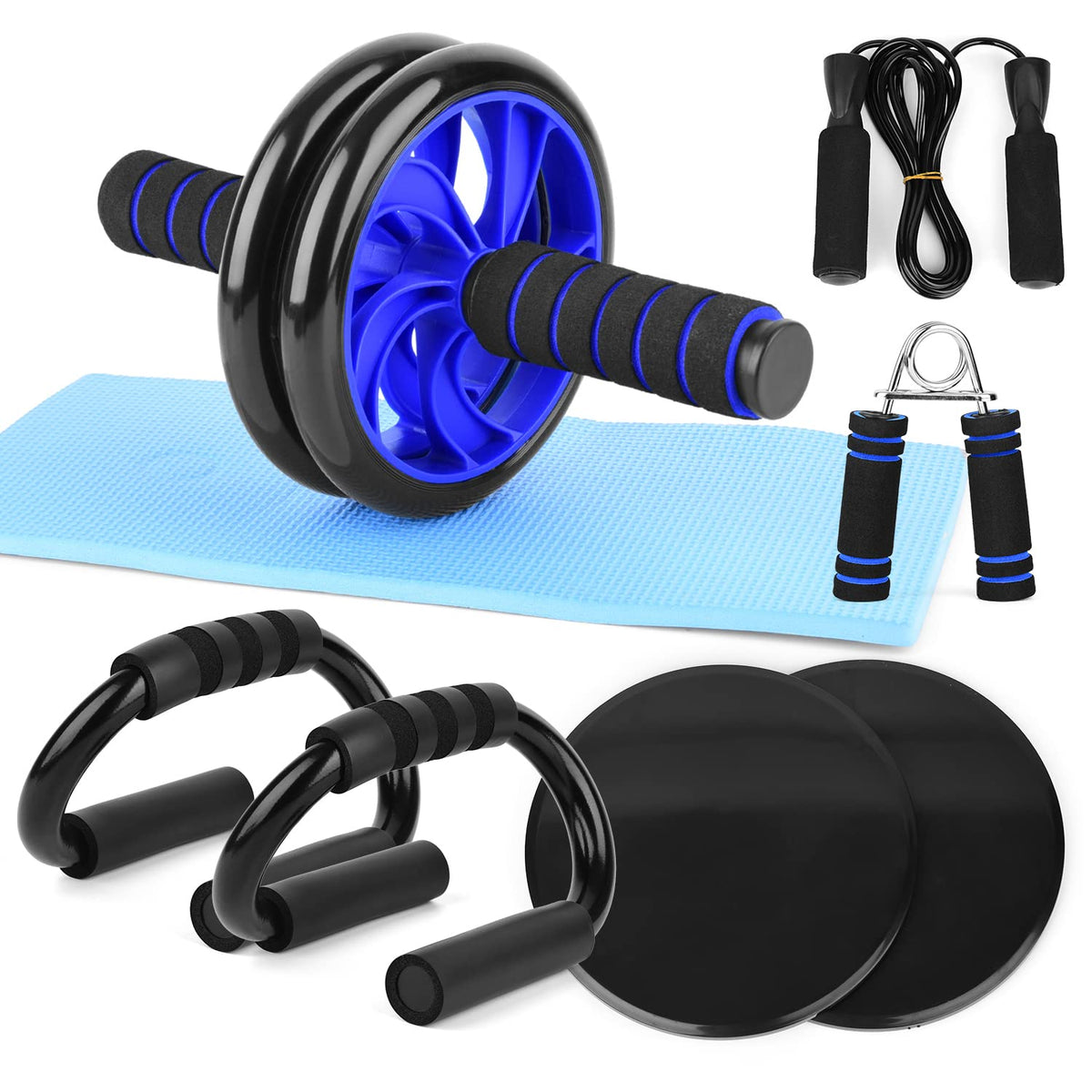 Decdeal 8 PCS Abdominal Roller Wheel Knee Pad Push up Bars Disc Core Slider Jump Rope Hand Gripper Pack Kit for Home Gym Fitness