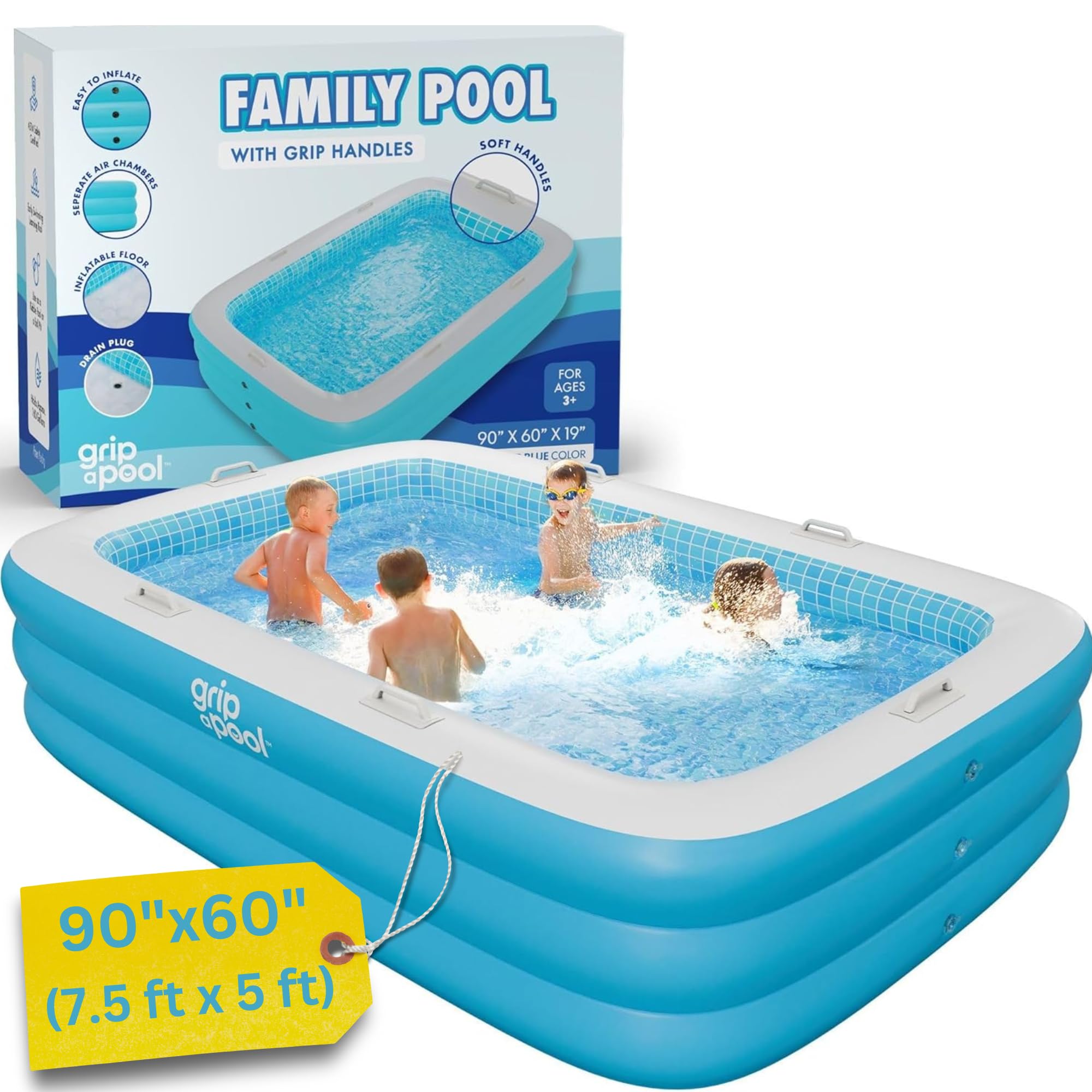 Inflatable Swimming Pool For Kids With Comfortable Padded Soft Floor, Convenient Handles, And Drain - 90''X60''X19'' (7.5'X5') -