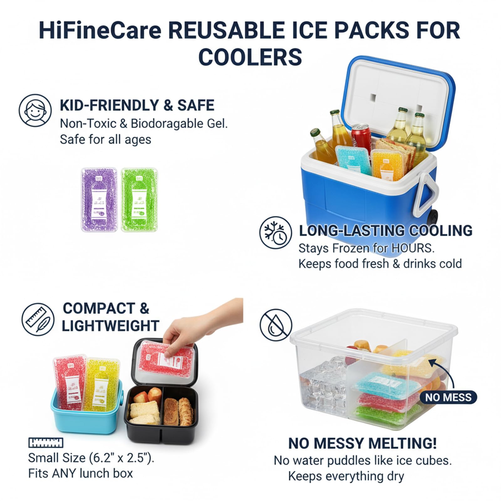 Reusable Ice Packs For Coolers - 5 Pack Freezable Gel Packs For Lunch Box, Camping, Picnic, Medical Cold Therapy - Leakproof & L