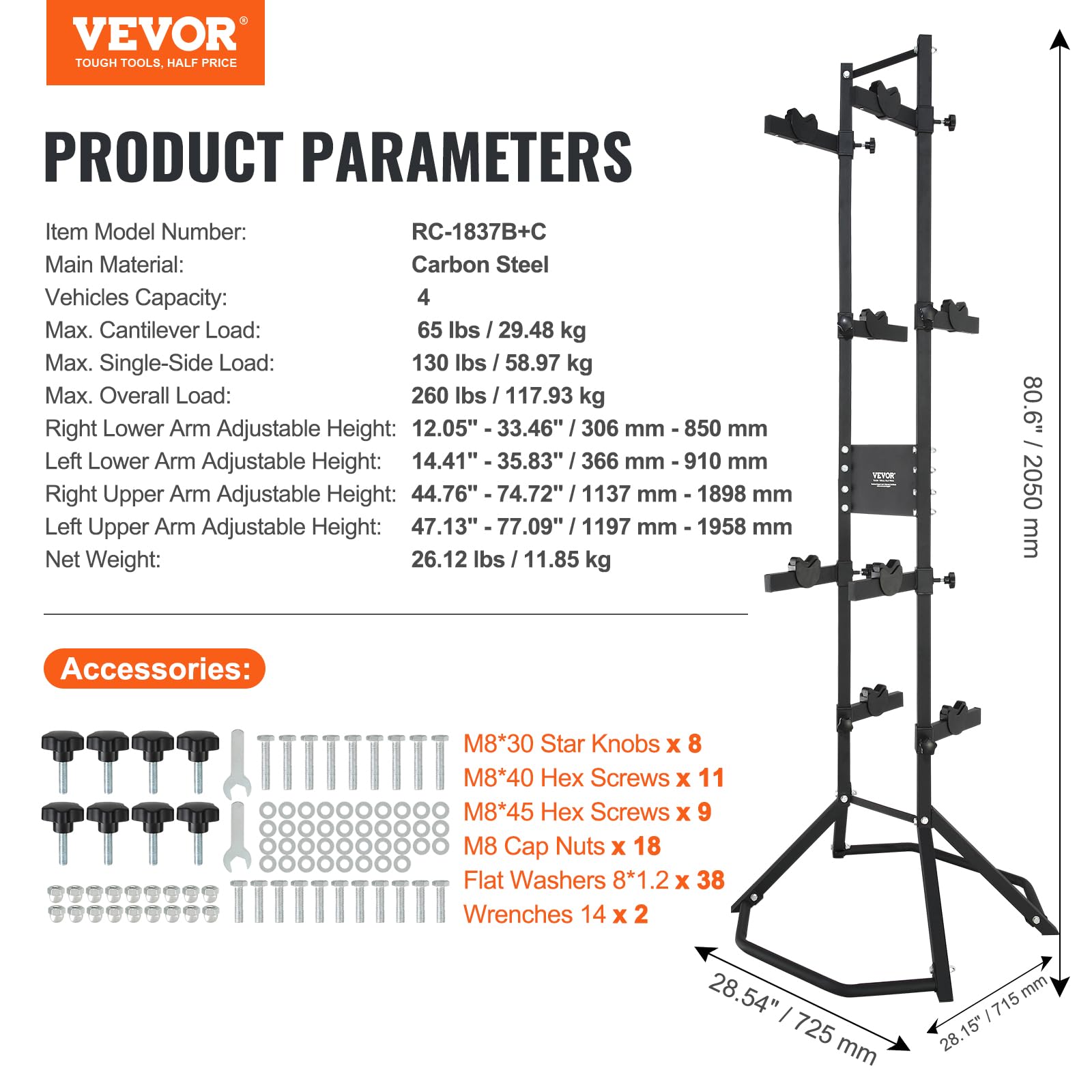Vevor 4 Bike Storage Rack, Free Standing Gravity Wall Vertical Bike Rack, Fully Adjustable Bike Rack Garage, Sturdy Steel & Easy