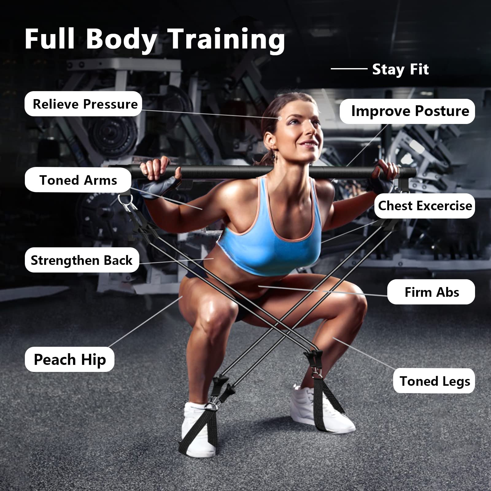 Pilates Bar Kit with Resistance Bands(4 x Bands),3-Section Pilates Flexbands Kit Workout Equipment for Legs,Hip,Waist and Arm,Fi
