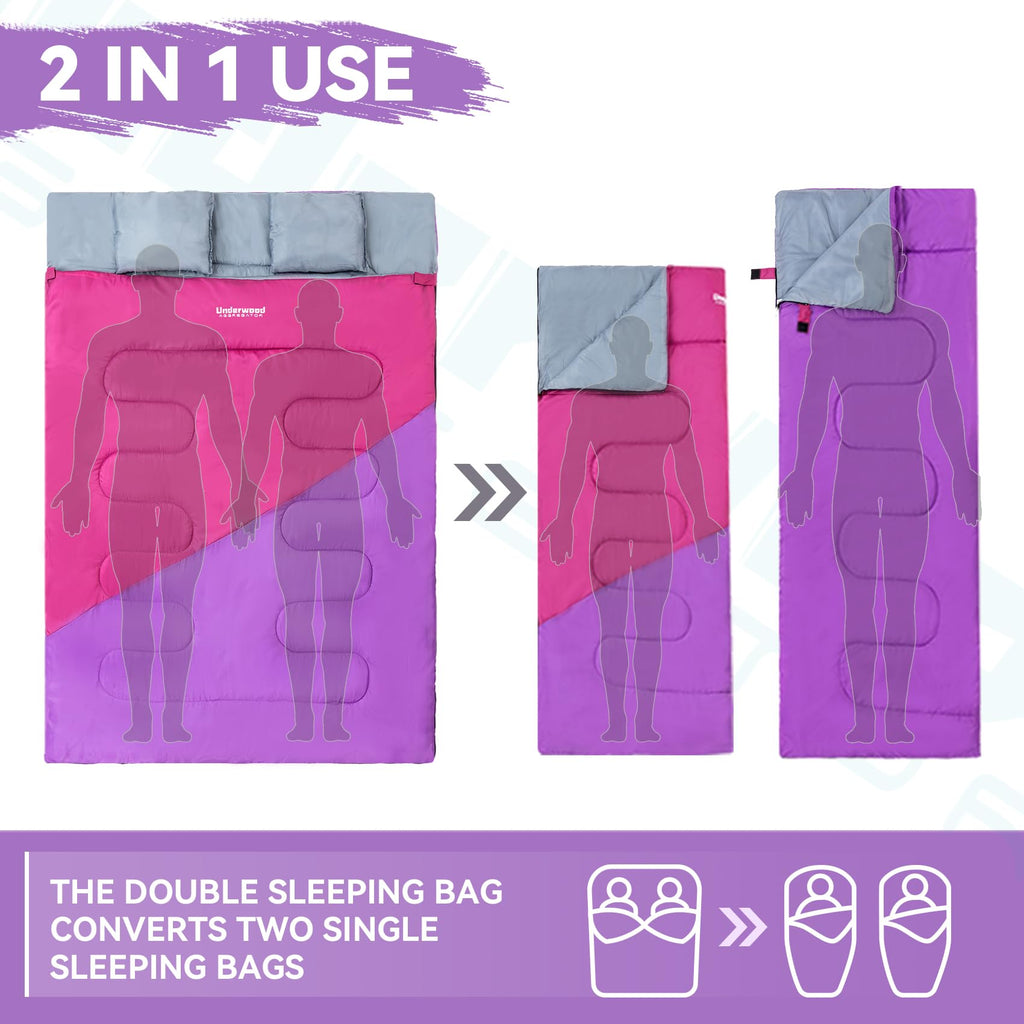 Double Sleeping Bag For Adults Kids - Lightweight 2 Person Sleeping Bag With Pillow, Queen Size Waterproof Camping Sack Two Pers