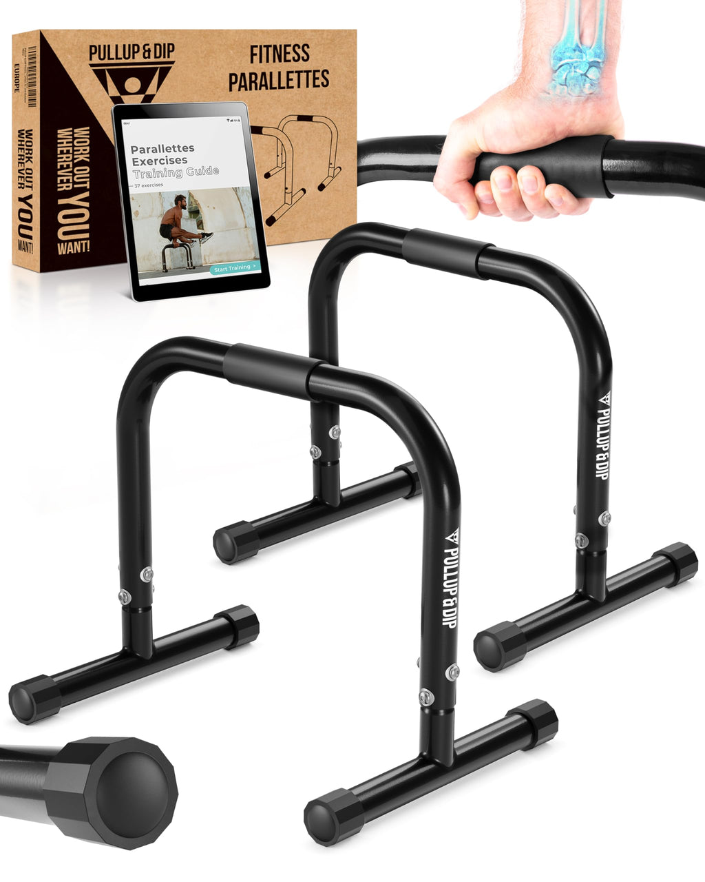 Pullup & Dip Fitness Parallettes, Medium Parallette Bars For Calisthenics & Gymnastics, Handstand Bars With Extra Wide Handle &