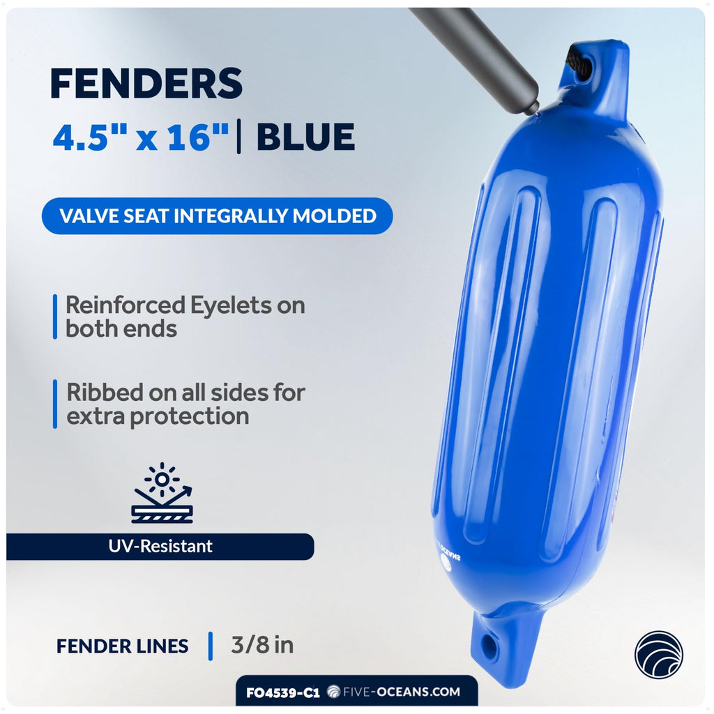 Five Oceans Boat Fenders Complete Set - Includes 4-Pack 4.5 X 16-Inch, Blue - Boat Bumpers Clips, Dock Lines 3/8'' X 15' - 4 Rop