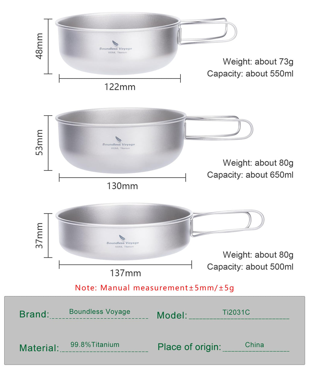 Usharedo Camping Titanium Pots Set Titanium Bowl Set Outdoor Cookware Cooking Pan Pot With Folding-Handle Travel Kitchen Mess Ki