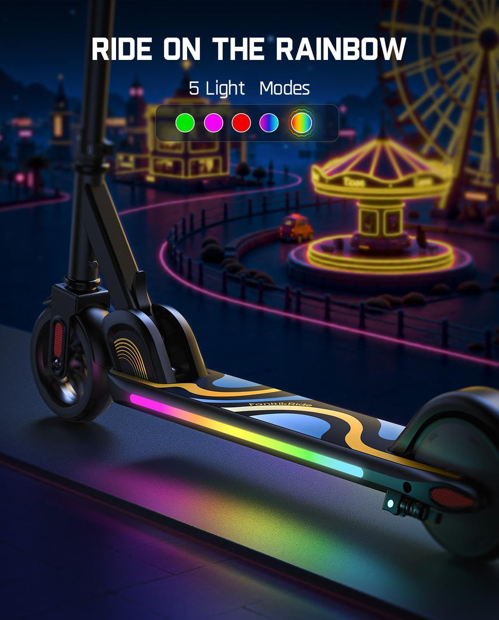 FanttikRide C9 Pro Kids Electric Scooter Ages 8-12, Colorful Rainbow Lights, E-Scooter for Kids 3.9-5.2 ft, 132 lbs, 5 Miles Ran
