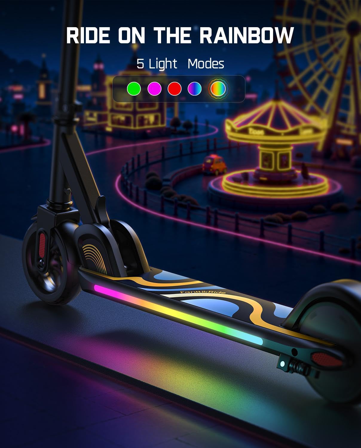 FanttikRide C9 Pro Kids Electric Scooter Ages 8-12, Colorful Rainbow Lights, E-Scooter for Kids 3.9-5.2 ft, 132 lbs, 5 Miles Ran